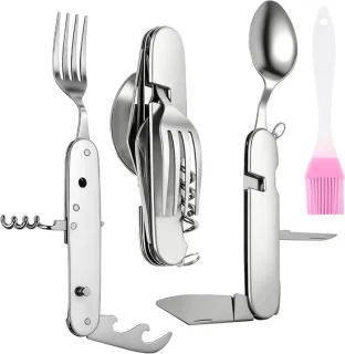6-in-1 Opvouwbare Bestekset voor Kamperen, RVS Buitenbestek, Multifunctioneel Bestek met Mes, Vork en Oliekwast, Ideaal voor Hiking en Picknicken