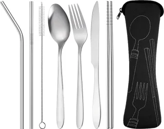 7-delige roestvrijstalen bestekset met tas - zwart