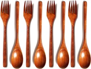 8 stuks houten bestek set - vork en lepel - bruin