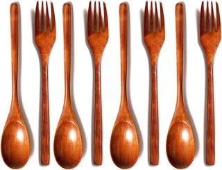 8 stuks houten bestek set - vork, lepel, keukengerei - bruin