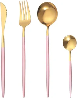8 Stuks Roestvrij Staal Bestekset - Gouden en Zwart, Inclusief Messen, Vorken, Lepels en Theelepels - Voor 2 Personen (Roze Goud)