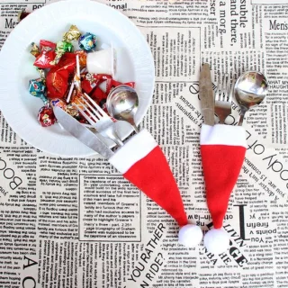 8x Kerstmuts hoesjes voor bestek, ei, fles en lolly