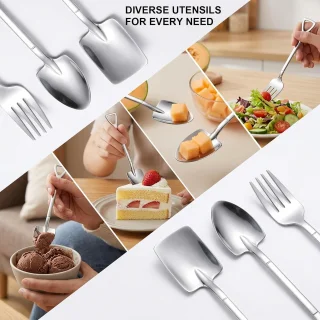 9-delige set ijsschep, koffieschep, watermeloenschep, taartschep, theelepel, dessertschep, spatelvormige roerlepel en vork in zilverkleurig staal