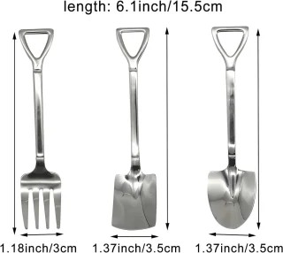 9-delige set ijsschep, koffieschep, watermeloenschep, taartschep, theelepel, dessertschep, spatelvormige roerlepel en vork in zilverkleurig staal