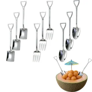 9-delige set ijsschep, koffieschep, watermeloenschep, taartschep, theelepel, dessertschep, spatelvormige roerlepel en vork in zilverkleurig staal