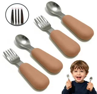 Babybestekset vork en lepel – 2 sets (2 lepels + 2 vorken) – Roestvrij staal met siliconen handvat – 11,5 x 2,8 cm