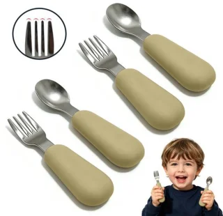 Babybestekset vork en lepel – 2 sets (4 stuks) – roestvrij staal met siliconen handvat – 11,5 cm