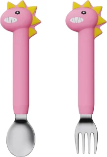 Babyvork 2 stuks, kinderbestek roestvrij staal (lange roze dinosaurus)