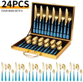 Bestekset 24-delig (6-persoons) RVS blauw/goud