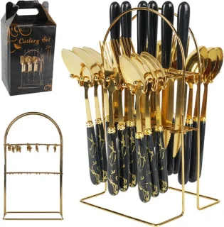 Bestekset 24-delig - Rvs bestek zwart goud met marmerlook handgrepen