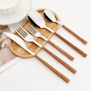 Bestekset 24-delig RVS met imitatie houten handvat
