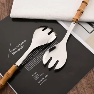 Bestekset 4-delig RVS 304 met bamboe handvatten 25 cm (2 lepels, 2 vorken)