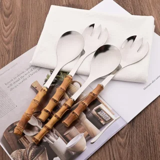 Bestekset 4-delig RVS 304 met bamboe handvatten 25 cm (2 lepels, 2 vorken)