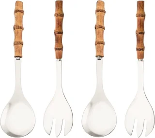 Bestekset 4-delig RVS 304 met bamboe handvatten 25 cm (2 lepels, 2 vorken)