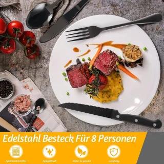 Bestekset 48-delig zwart voor 8 personen met steakmessen roestvrij staal