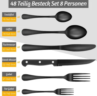 Bestekset 48-delig zwart voor 8 personen met steakmessen roestvrij staal
