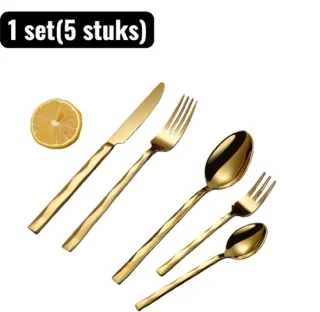 Bestekset 5-delig RVS - Steakmes & Vork - Goud