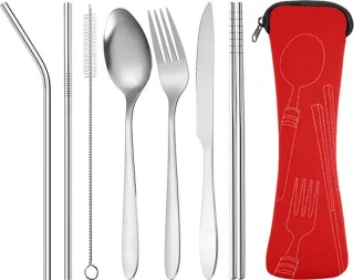 Bestekset 7-delig roestvrij staal met tas rood