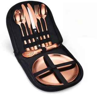 Bestekset roestvrijstaal voor picknick en kamperen, 10-delige set (Roségoud)