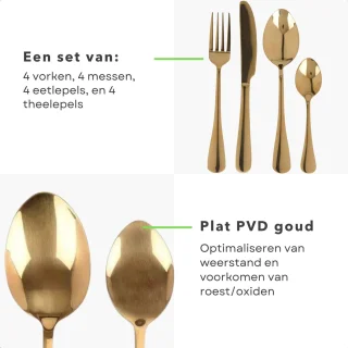 Bestekset RVS 16-delig 4-persoons Goud PVD Coating