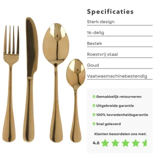 Bestekset RVS 16-delig 4-persoons Goud PVD Coating