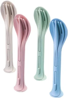 Bestekset van tarwestro met lepel, vork en mes, herbruikbaar, 4 sets