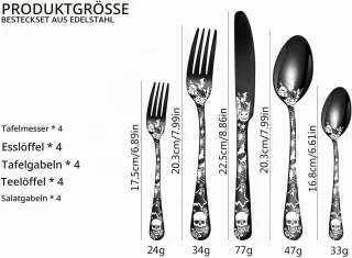 Bestekset voor 4 personen, 20-delig, RVS, skeletdecoratie