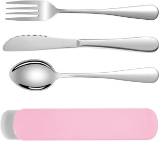 Bestekset voor kamperen, 3-delige rvs bestek met opbergdoos - roze