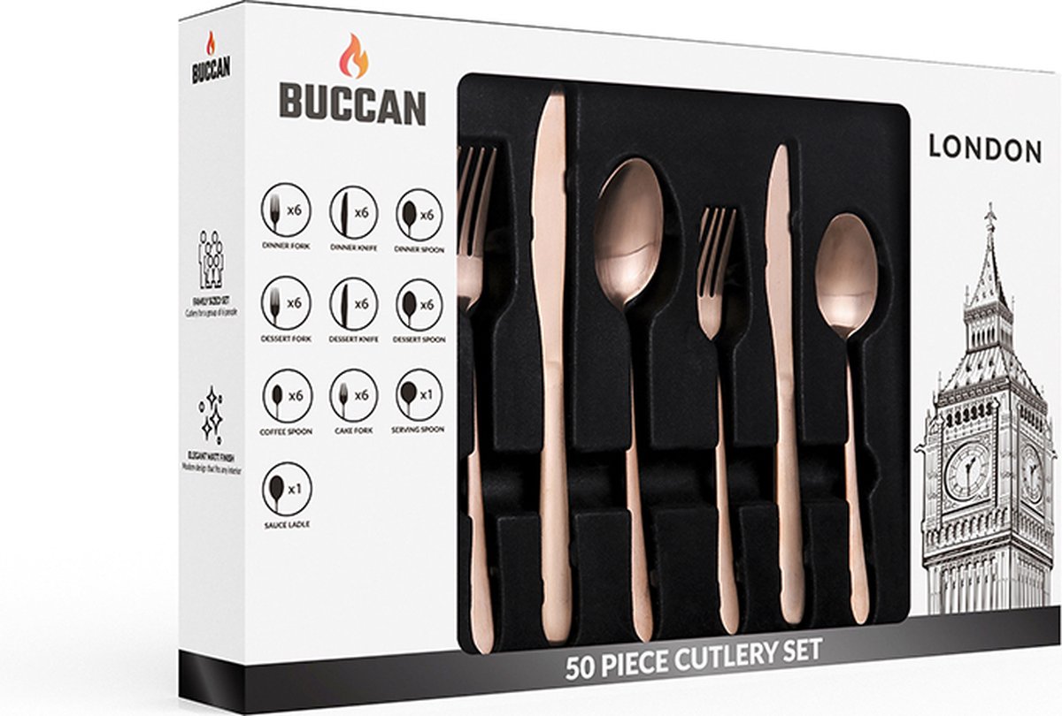 Buccan London Bestekset 50-delig Roségoud RVS