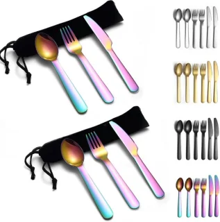 Camping bestek set met mes, vork en lepel - roestvrijstalen bestek met titanium regenboog coating, inclusief zwart opbergzak