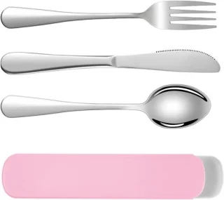 Camping bestekset 3-delig RVS met opbergdoos roze