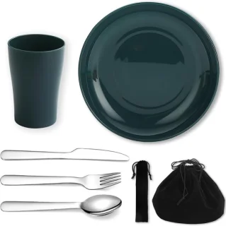 Camping bestekset 5-delig met beker, bord en rvs bestek