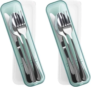 Campingbestek set 2 personen RVS met etui groen