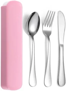 Campingbestekset 3-delig roestvrijstaal (roze)