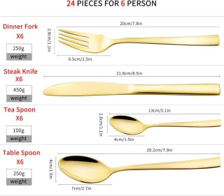 Cutlery Set 24-Piece Stainless Steel Gold Mirror Polish for 6 People