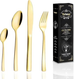 Cutlery Set 24-Piece Stainless Steel Gold Mirror Polish for 6 People