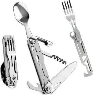 Dailygoods- Bestekset 5-in-1 Multifunctioneel - Draagbare Bestekset - Opvouwbaar Bestek - Roestvrij Stalen Bestekset - Uniek Cadeau - Voor Camping en Reizen - Kampeerbestek