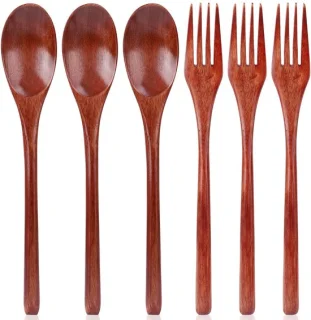 Dailygoods houten lepel en vork 22,5 cm set van 6 stuks