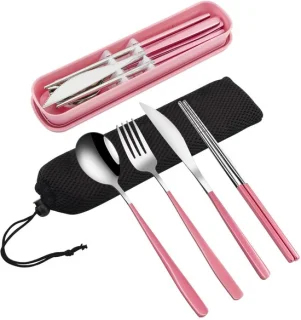 Dailygoods VANRA 4-delig draagbaar reisbestek met opbergkoffer (roze)