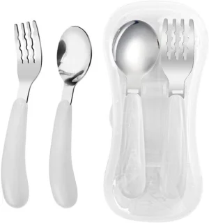 Dailygoods - VANRA peuter vork en lepel set met reishoesje (wit)