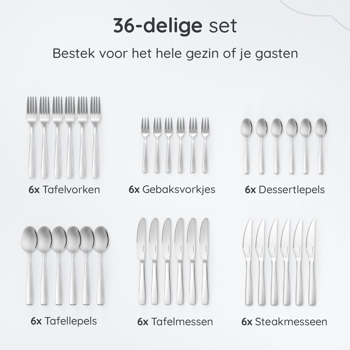 Wat vinden we goed aan de Deleca Bestekset Essential 36-delig 6 Persoons Glanzend Zilver