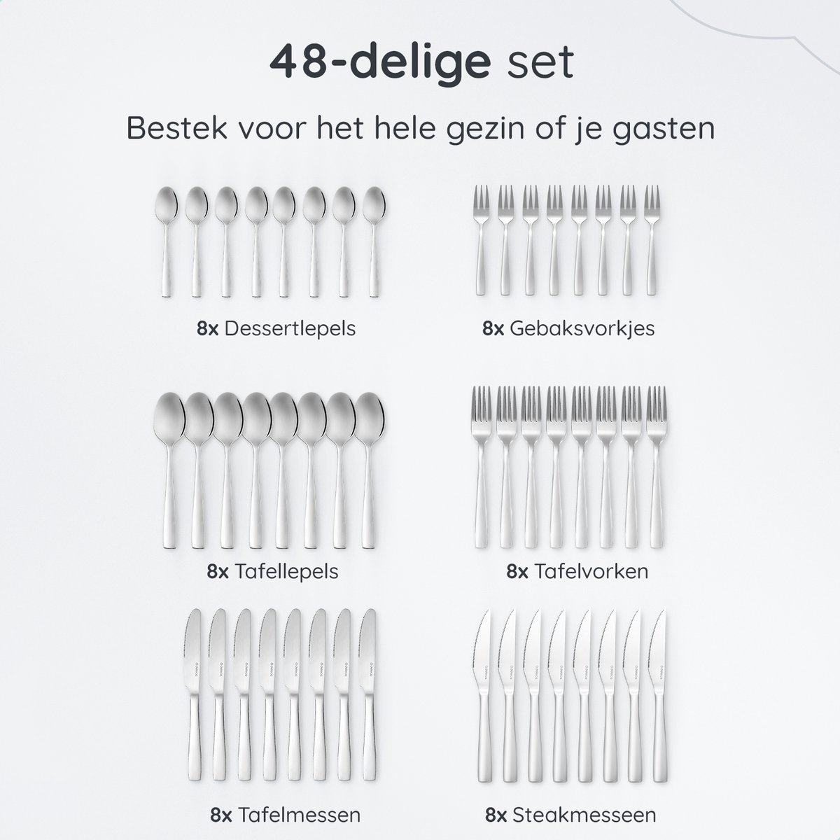 Wat vinden we goed aan de Deleca Bestekset Essential 48-delig 8 Persoons Glanzend Zilver