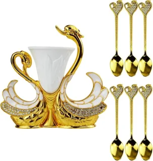 Dessertlepel set met zwanenhouder van RVS