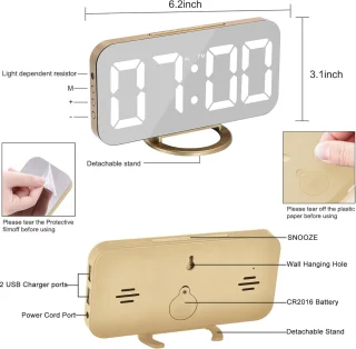 Digitale klok LED spiegel met dubbele USB poorten