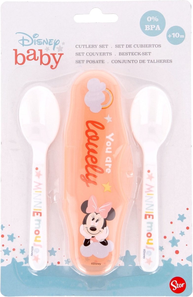 De Disney Baby Minnie Mouse bestekset met 2 lepeltjes en opbergdoosje in één oogopslag
