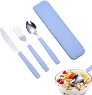 Draagbaar campingbestekset met vork, lepel en mes, blauw