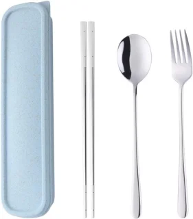 Draagbaar outdoor reisbestekset met blauwe tarwedoos