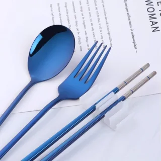 Draagbare outdoor reisbestekset - blauw - voor 1 persoon