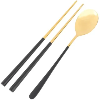 Draagbare roestvrijstalen bestekset - eetstokjes & lepel (zwart/goud)
