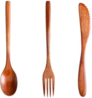 Driedelige houten bestekset (mes, vork en lepel)